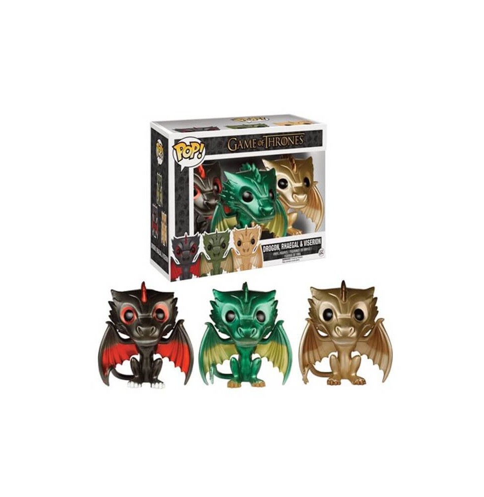 Figurine Game of Thrones - Set 3 Dragons Drogon Viseron Rhaegal Metallic Exclu Pop 10cm