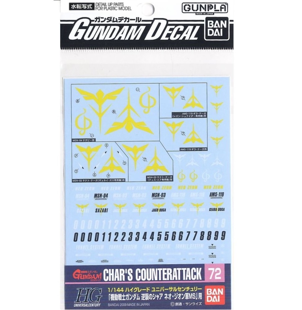 Pack décalcomanies Gundam Gunpla - 72 Char S Counterattack Zeon HG 1/144