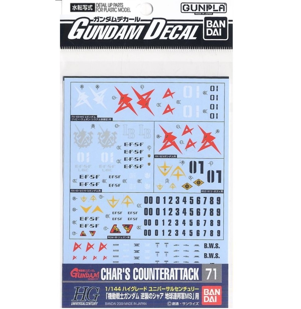 Pack décalcomanies Gundam Gunpla - 71 Char S Counterattack Earth HG 1/144