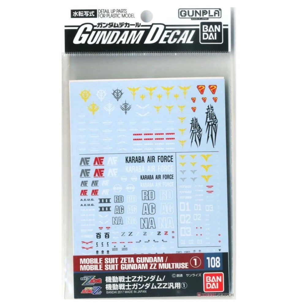 Pack décalcomanies Gundam Gunpla - 108 Z & Zz Gundam Multiuse 1 HG 1/144