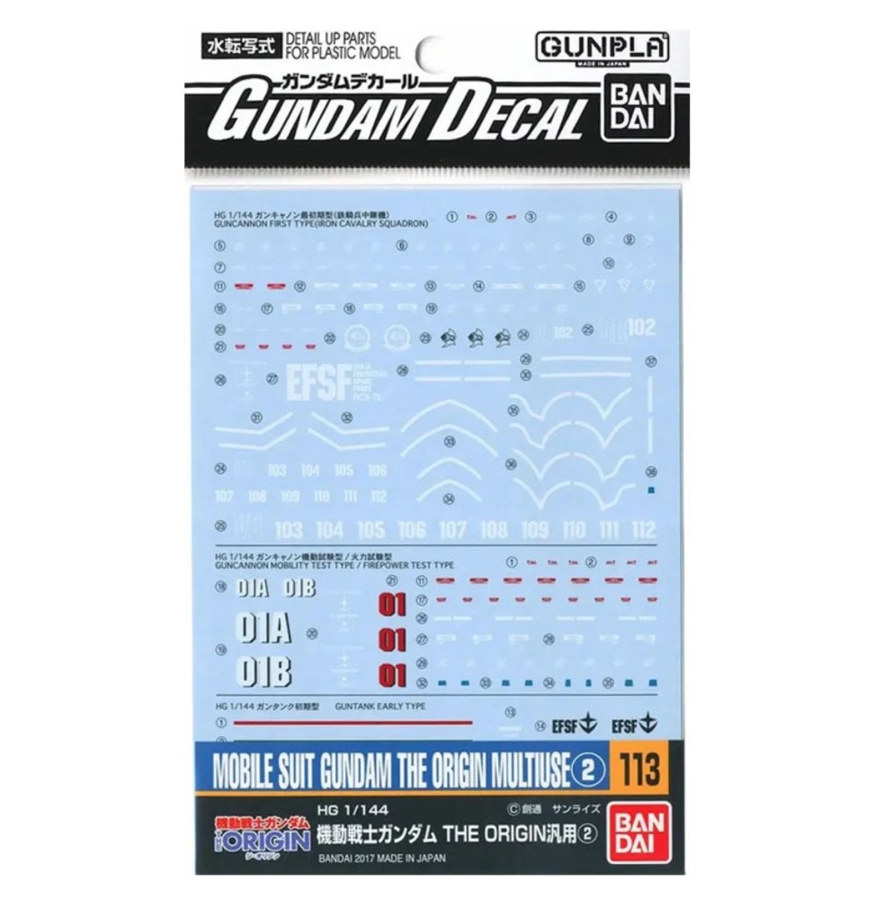 Pack décalcomanies Gundam Gunpla - 113 Mobile Suit Gundam Orgin Multiuse 2 Hg 1/144